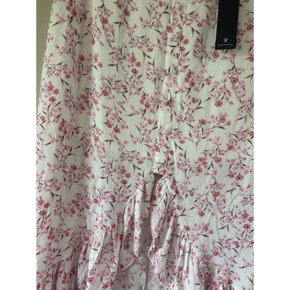 Lulus Floral High-Low Midi Skirt White Pink White Button Front Ruffle XL NWT - Picture 5 of 8